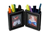 Desk Organizer , Pen and Pencil Holder with Picture Frame By Pensali - Office Supplies Space Saver - Made of Premium Suede Base Faux Leather Strong Magnetic Clasp Attractive Design - Black