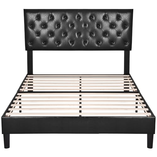 Allewie Queen Size Platform Bed Frame, Adjustable Faux Leather Headboard with Diamond Stitch and Button Tufted, Sturdy Wood Slats, Easy-Assembly, No Box Spring Needed, Deep Black
