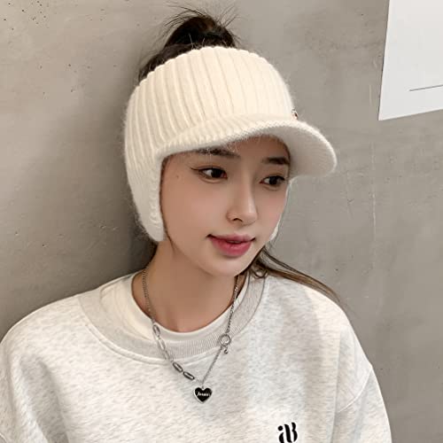 Image of Open Beanie with Earflaps Visor Brim Bun Ponytail Winter Golf Tennis Hats Women