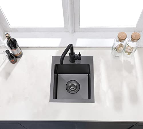 Comllen 15”X15” Black Drop In Bar Sink, Stainless Steel Small Kitchen Sink Single Basin For Outdoor Wet Bar Prep Rv Yard Office Laundry Utility With Strainer Drain #TOP6