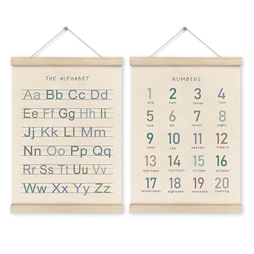 ZBIianxer Número de alfabetos cartel de pared educativa perchas de madera marco conjunto de 2 para niños pequeños de aprendizaje y decoraciones de guardería