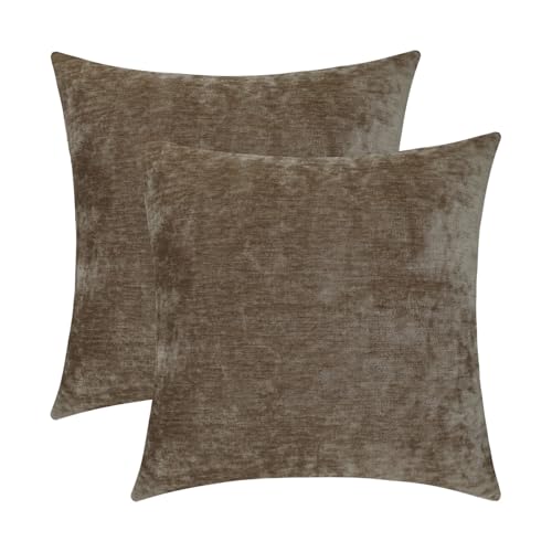 Jeneoo Light Brown Decorative Throw Pillow Covers Soft Chenille Comfy Square Couch Cushion Cases for Living Room Sofa Decor (Set of 2, 18 x 18 Inches)