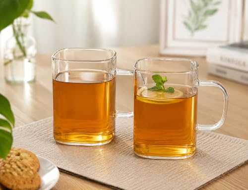 Image of IndusBay Pack of 2, 230 ML Square Borosilicate Glass Tea Cups Clear Glass Tea Coffee Mugs with Handle, Microwave Safe, Clear