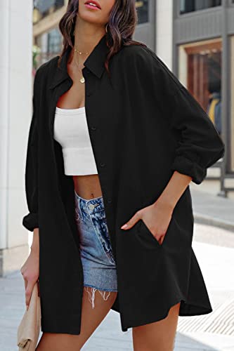 Image of FSHAOES Womens Oversized Button Down Shirts Casual Loose Long Sleeve Solid Lapel Long Blouses Tops with Pockets