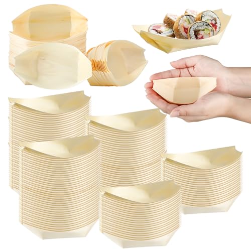 Hoolerry 500 Pcs Disposable Wood Boat Plates Dishes 4 Inches Bamboo Plates Sushi Boat Disposable Bamboo Leaf Dish Serving Tray Food Container Wood Bowl For Catering Home