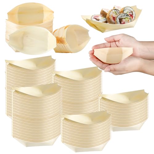 Hoolerry 500 Pcs Disposable Wood Boat Plates Dishes Food Boats Disposable Bamboo Leaf Boat Wooden Boat Dish Sushi Boat Sushi Serving Tray Food Container Wood Bowl for Catering Home (4 Inches)