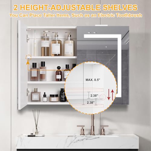 Snughome Bathroom Medicine Cabinet with Mirror and LED Lights, Wall Mount Bathroom Mirror with Storage, Anti-Fog, Built-in Power Outlets, Dimmable 3 Color Temp, Antirust Easy to Install, 31.5" x 23.6"