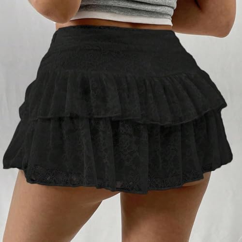 Women Flowy Lace Mini Skirt Layered Ruffle Hem Short Skirt Sheer Mesh Tiered Skirts Going Out Streetwear3