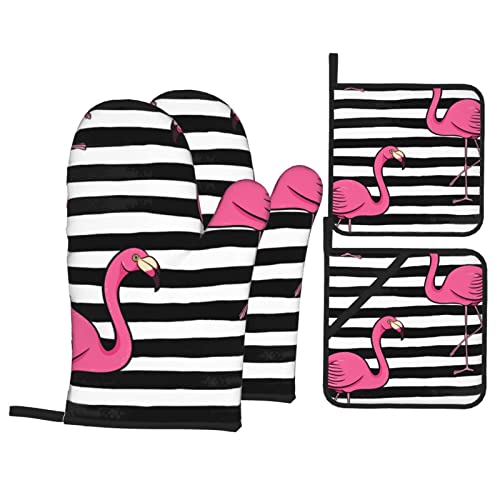 Pink Flamingo Printed Oven Mitts And Pot Holders Heat Resistant Potholders Oven Gloves And Pad For Baking Kitchen Grilling - 4 Set #TOP28
