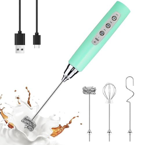 Image of YUSWKO Baby Blue Handheld Milk Frother Wand for Coffee, Rechargeable Electric Whisk with 3 Heads 3 Speeds Drink Mixer Coffee Frother For Latte, Cappuccino, Hot Chocolate, Egg