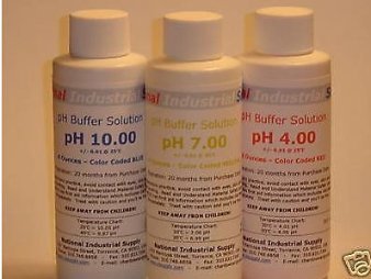Three bottles of pH buffer solutions