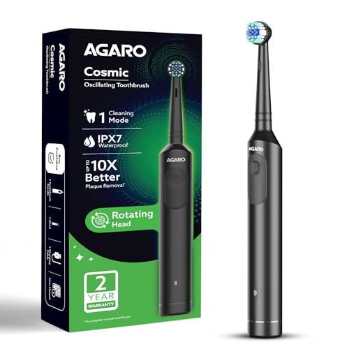 Image of AGARO Cosmic Oscillating Electric Tooth Brush for Adults, Nylon Soft Bristles, Replaceable Brush Head, Rechargeable, Power Oscillating Toothbrush, Black