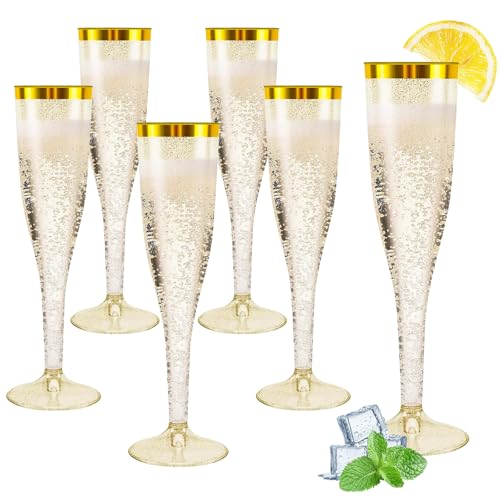 Rosedreamer Sektgläser Plastik 30 Stück Kunststoff Champagner Gläser 150ml Goldene Kante und Glitter Sektglas Mehrweg Plastik Sektgläser für Geburtstag Hochzeit Party Picknicks Outdoor(Gold)