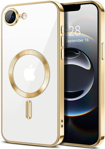 Image of VONZEE Electroplating Transparent Clear Logo Back Cover TPU Compatible with iPhone 17e / iPhone 16e Case, Compatible with Magsafe, Full Body &Camera Protection for Each Lens for Men & Women (Gold)
