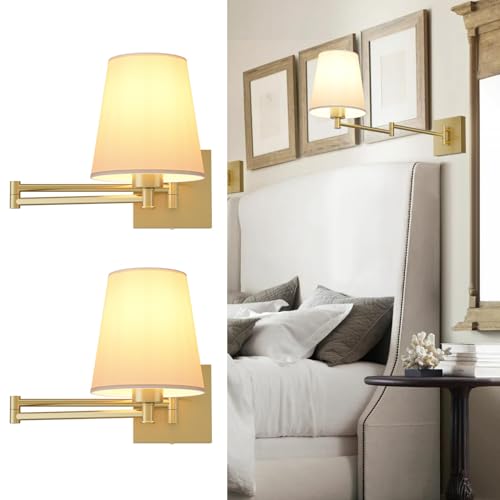 Aipsun Gold Wall Sconce Set of 2, Swing Arm Wall Lamps, Modern Bedroom Wall Sconce Fixtures with...