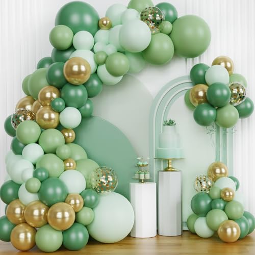 Kit Arche Ballon Vert Sauge 147 Pièces Vert Olive Guirlande Ballons Decoration Blancs Or Fille Garçon pour Baby Shower Mariage Baptême Fiançailles Fête Révélation du Genre