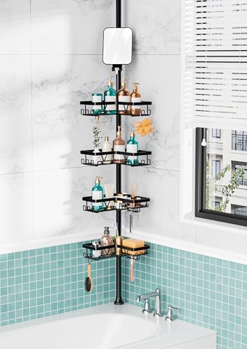 Image of KEGII Shower Caddy Tension Pole - Adjustable Rustproof Corner Bathroom Organizer with Fogless Shower Mirror, 25-114.2 Inch No-Drill Bathroom Storage, Black