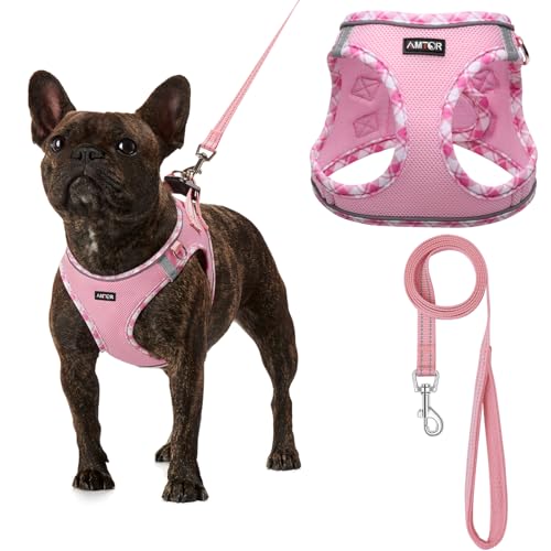 AMTOR Small Dog Harness with Leash Set, No Escape Easy Walk Puppy Harnesses for Training Walking, Step-in Reflective Soft Dogs Vest for XS S Medium Extra-Small Large Sized Dog(S Size,Pink/White)