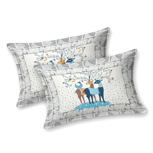 Image of Rajasthani Jaipuri Sanganeri Printed 144 TC 100% Cotton Bed Sheet Set for Double Bed,Deer Pattern, Double Bedsheet Cotton with 2 Pillow Covers