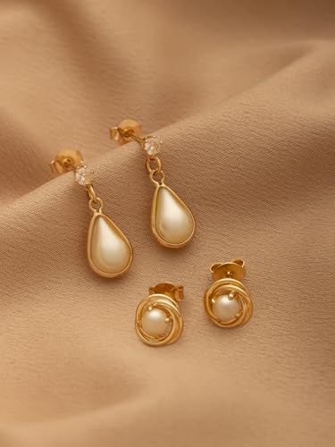 18K Gold Plated Pearl Earrings Set – Hypoallergenic, Jewelry Gift for Women, Tarnish Resistant, Teardrop Dangle with Cubic Zirconia and Knot Stud Earrings4