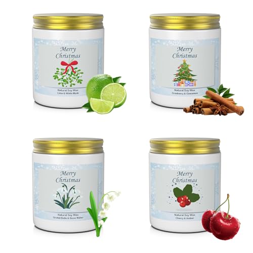 Christmas Candle Gift Set - 4 Pack Soy Wax Candles | Cherry Amber, Cranberry Cinnamon, Lime Musk + Snow Orchid | Home Aromatherapy Holiday Gifts (Christmas Scented Candles Set)