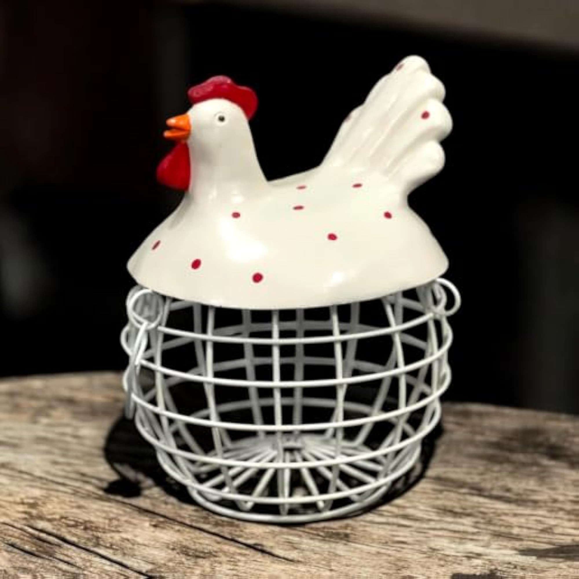 Decorative Rooster Storage Basket, White Metal Wire with Hand-Painted Top
