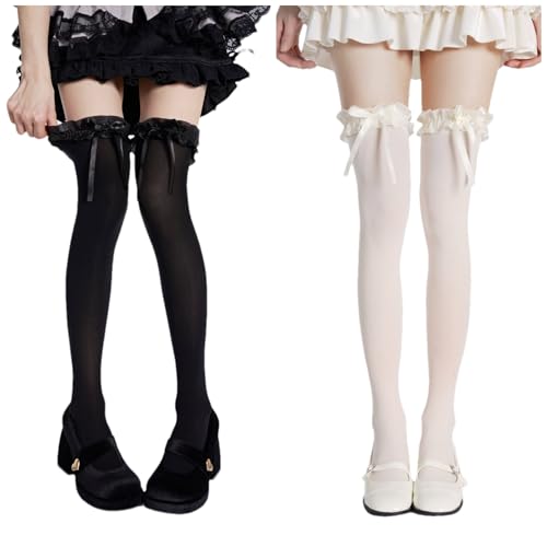 Jilneed Lolita Fashion Thigh High Socks with Bow Women Girls Cosplay Over Knee High Stocking Cutecore Lace Up Frilly Socks (US, Alpha, One Size, Black and Cream Beige)