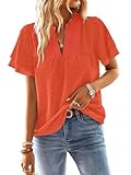 TUUHAW Ropa Mujer Camiseta Manga Corta Mujer con Cuello en V Verano Boho Blusa Elegante Tops Volantes Encaje Casual T-Shirt Básica Bohemia Suelta Color Sólido Oficina Cómodo Túnica Naranja Brillante M