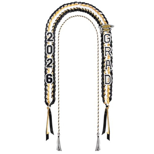 Image of Yigney Graduation Lei Set Class of 2026 Grad Ribbon Leis with Honor Cord Double Braided Graduate Leis for Men Women Black Gold White