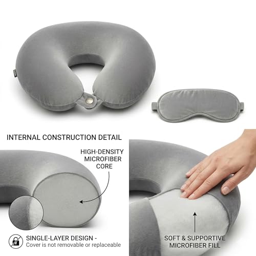 Image of Travel Neck Pillow for Adults, Fiber Filled U-Shaped Neck Support Pillow with Button Closure, Soft Plush Neck Cushion for Airplane, Car, Office & Travel (Grey)