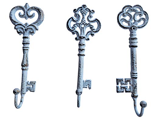 Lulu Decor, Shabby Chic Decorative Wall Hook Cast Iron Key Shape Coat Hanger (Antique White 3 Pcs) #TOP28