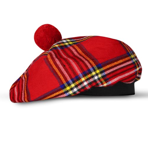 Image of Scottish Tam O' Shanter Hat Tartan Bonnet Pom Pom Wool Flat Cap One Size