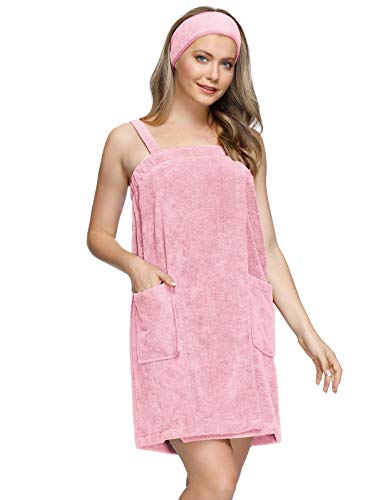 Zexxxy Bath Wraps for Women Terry Cloth with Pockets Shower Towel Wrap Sets Pink S