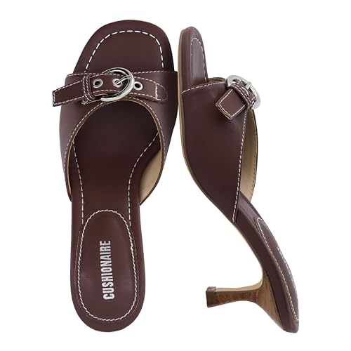 CUSHIONAIRE Belle Kitten Heels for Women with Buckle Accent Comfortable Mule Dressy Womens Sandals CHOCOLATE 9