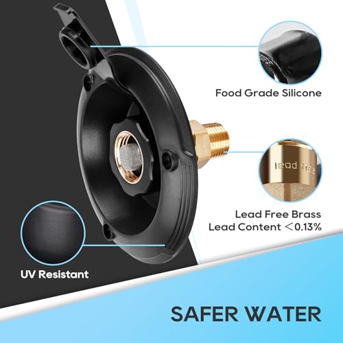Image of RVGUARD RV City Water Inlet, 3 /4 inch NH Female to 1 /2 inch NPT Male City Water Fill Inlet Flange Brass with Check Valve for RV, Camper, Trailer, Marine (Black L)