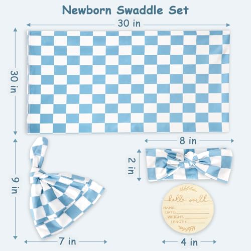 Image of TANOFAR 4-Pack Newborn Swaddle Blanket for Baby Girls & Boys, Ultra Soft Receiving Blankets with Matching Headband and Beanie Set Baby Nursery Swaddle Wrap (Blue Checkerboard)