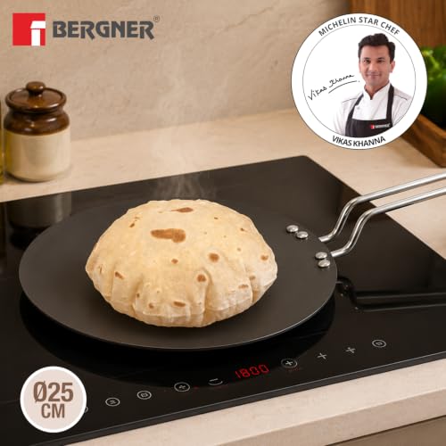 Image of BERGNER ArtisanForge Hard Anodised 25cm Roti Tawa, Sturdy Handle, Durable, Even Heat Distribution, 4.8mm Thickness, Metal Spoon Friendly, Paratha /Phulka /Chapati Tawa - Induction and Gas Stove Ready