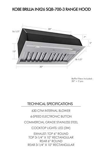 KOBE Range Hoods INX2630SQB-700-3 Brillia 30\" Built-in/Insert Range Hood, 3-Speed, 630 CFM, LED Lights, Baffle Filters, Inch, Stainless steel - Thumbnail 6