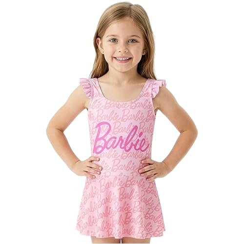Barbie One Piece Girls Swim Dress Ruffle Strap Swimsuit with Coverup Skirt Built in Briefs Bathing Suit (6-7 Years Pink Barbie)