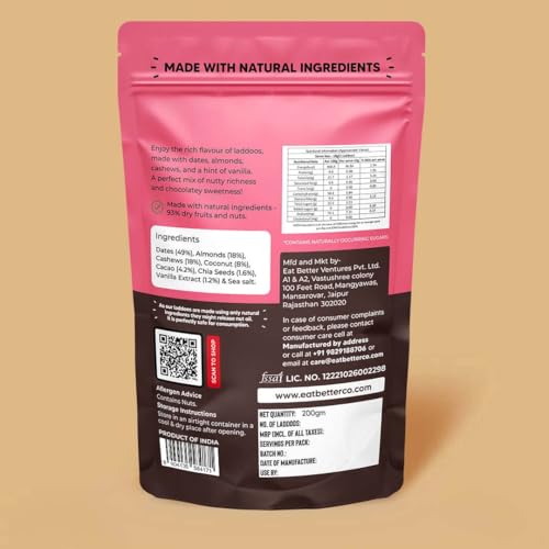 Image of EAT BETTER CO Vanilla & Chocolate Sugar-Free Laddoos | Energy-Bar Replacement | 95% Dry-Fruits | High Protein & Instant Energy - Super Saver Pack Of 60 - Healthy Chocolate No Added Sugar, 200 Gram
