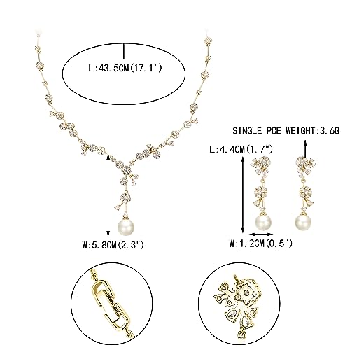 Image of White Faux Pearl Leaf Vine Bridal Cubic Zirconia Jewelry Set for Women | Wedding Party Necklace Earrings for Bridesmaid Bride