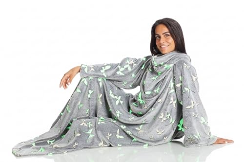 Kanguru Coperta con maniche Glow, soffice plaid in pile che si illumina al buio, Microfibra, con tasca centrale, 180x140cm, regalo donna, uomo, Hoodie per divano, letto, relax, Natale calda, soffice