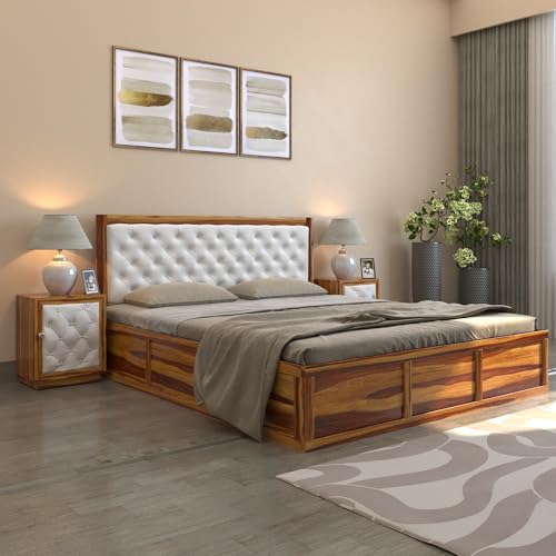 Image of DRIFTINGWOOD Dolvi Sheesham Wood King Size Bed Bundle with 2 Bedside Tables | Solid Wood Bedroom Set with Storage Furniture Set & Upholstered Headboard | Wooden Palang (Natural Finish)