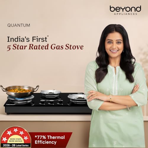 Image of Beyond Appliances Quantum 3 Burner | Gas Saver Stove | 5 Star Energy Rated |10 Year Warranty | 77% Energy Efficient| Full Brass burners | LPG & PNG | ISI & LERC Certified
