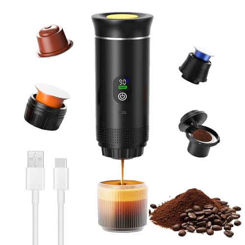 AceHQ Portable Coffee Maker Camping Electric Espresso Machine for Car Travel Self-Heating USB Rechargeable Compatible with Capsules & Ground Coffee (12V)(Black 2.0)