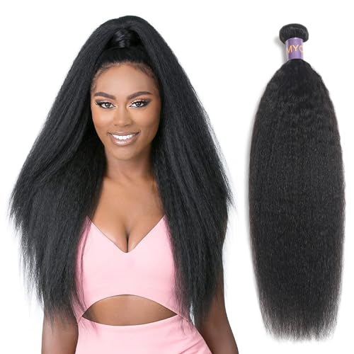 Kinky Straight Human Hair Bundles 24Inch Natural Black Yaki Straight Human Hair Extensions 100% Unprocessed Brazilian Virgin Kinky Straight Human Hair 1Bundles For Black Women (24Inch, 1 Bundles)