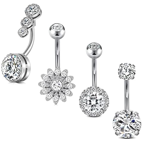 JFORYOU Silver Belly Button Ring 4 Pcs CZ Shiny Belly Navel Piercing Rings for Women Sunflower Heart Butterfly Design Cover