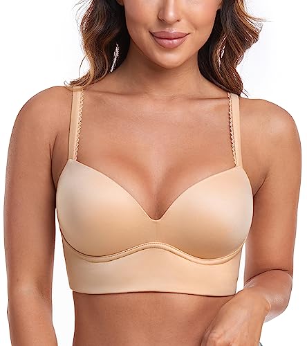 Haci Womens' Plunge Push Up Bra Wirefree V Neck Padded T Shirt Longline Bras(Beige,34D) #TOP4