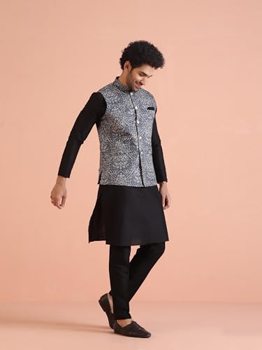 Image of KISAH Men Printed Kurta Jacket Set, Full Sleaves, Knee Length, Straight, Regular Fit, Mandarin Collar Ethnic Wear