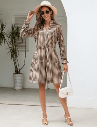 Image of Theenkoln Womens Casual Midi Dress: Short Sleeve V-Neck Empire Waist Gingham Spring Fashion Long Trendy Tiered Formal Dresses